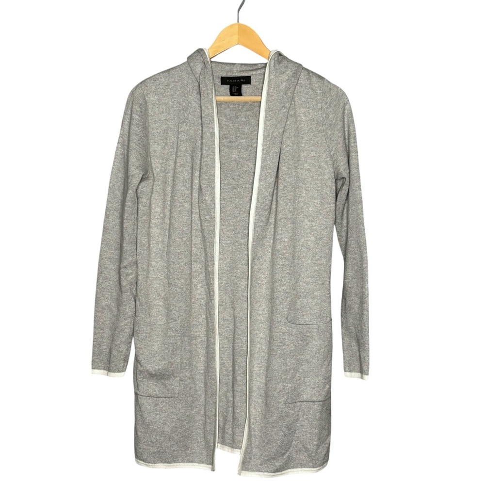 Tahari cardigan hooded gray white edged medium weight midi duster size xsmall